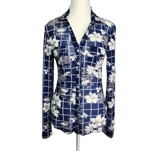 DNA Couture Sheer Navy Floral Check Button Down Shirt Long Sleeve Small